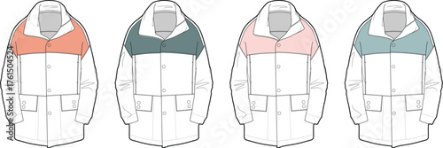 Technical flat vector illustration of a contemporary jacket design, featuring four different color block options for the upper panel, suitable for fashion design and apparel concept visualization