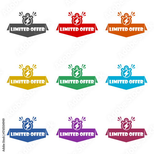Limited offer with stop watch icon isolated on white background. Set icons colorful