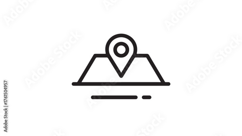 Minimalist map pin icon placed on abstract mountain landscape