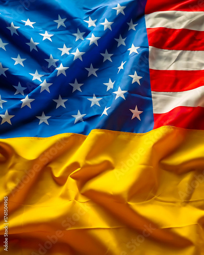 Wavy Hybrid Flag Combining Ukrainian Yellow with Elements of the American Flag, Stripes, and Stars in a Patriotic Display.                            