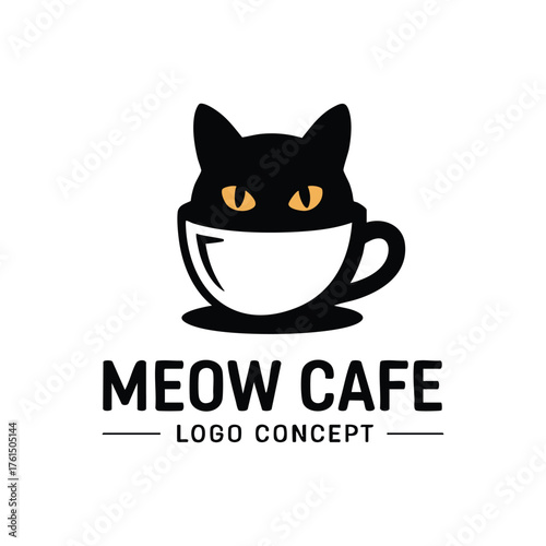 Meow Cafe Logo Concept with Black Cat and Coffee Cup, Cat Head Emerging from Coffee Cup Logo, Minimalist Black Cat Cafe Emblem, vector, illustration.