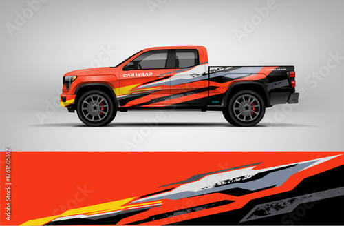 Orange and black pickup truck wrap with aggressive streak graphics and sharp contrast. Editable vector EPS format included.