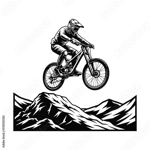 Dynamic black and white illustration of a mountain biker descending a steep rocky terrain