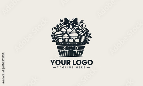 Elegant gift basket filled with delicious cakes and fresh fruits vector logo illustration design  