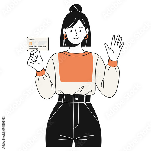 A woman holding a credit card and waving her hand in a friendly manner illustration.