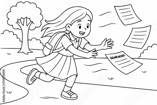 Coloring book for kids - Young girl running after scattered homework papers outdoors  
