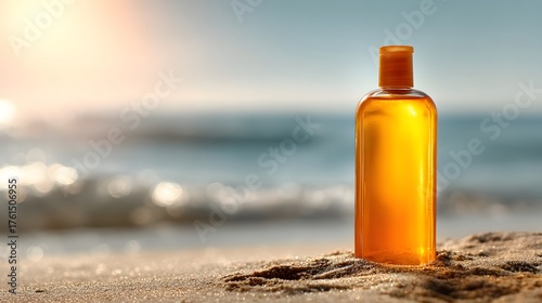 Sunscreen bottle stands on sand at ocean shore with bright sunlight.