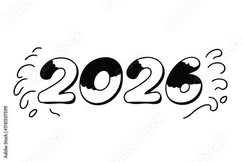 Vector art of hand drawn black and white illustration of the year 2026 in a bubbly font with decorative swirls.
