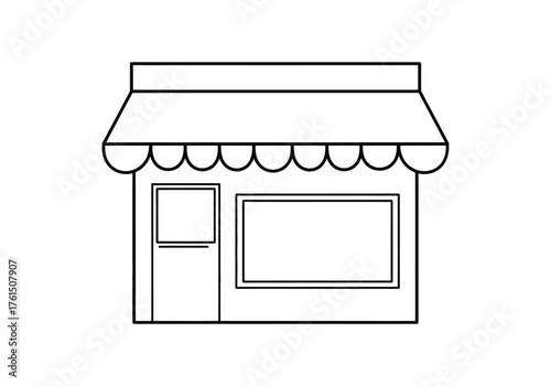 Simple outline drawing of a storefront with awning and display window