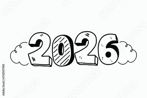 Vector art of whimsical hand drawn doodle of the year 2026 with playful clouds, isolated on a clean, perfect for festive designs.