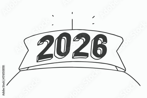 Vector art of simple hand drawn black and white illustration of the year 2026 on a curved banner.