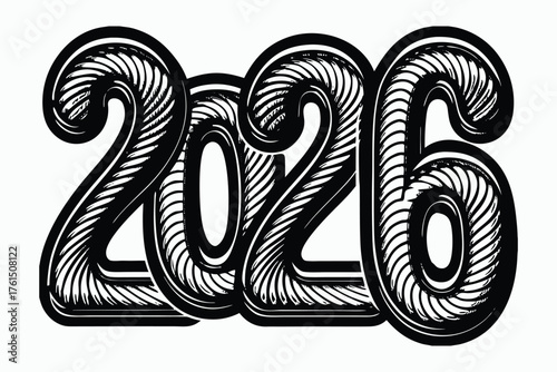 Vector art of intricate and textured black and white graphic art of the year 2026 with a ropelike or braided effect.