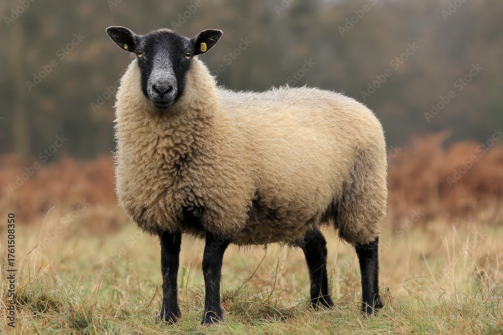 Fototapeta premium A black faced sheep stands in a field of dry grass and heather