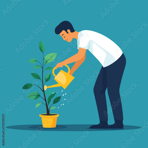 Man watering a plant, nurturing growth and care.   , vector style simple color