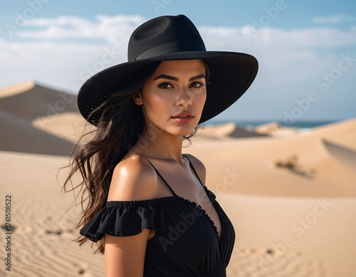 A woman, in a black dress and hat, poses on a desert landscape against a clear blue sky