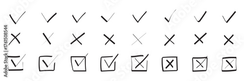 Check tick mark icon set. Cross box x check mark checkbox v list vector draw hand drawn sketch doodle brush marker checklist symbol wrong right circle. Vector Illustration