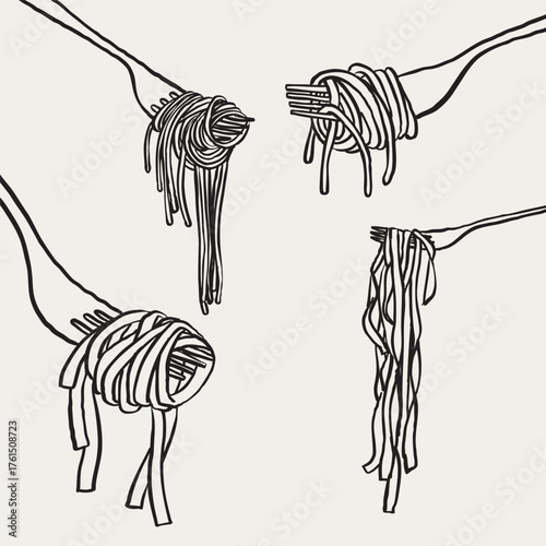 hand drawn black and white illustration of four forks holding different types of italian pasta noodles on light background in minimal vintage line art style