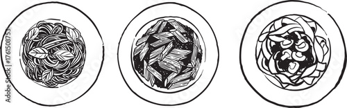 hand drawn top view illustration of three italian pasta dishes on white background featuring spaghetti with basil, penne with tomato sauce, and fettuccine with mushrooms