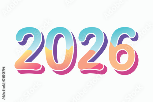Vector art of colorful 3d numbers spelling out the year 2026 with a gradient effect.
