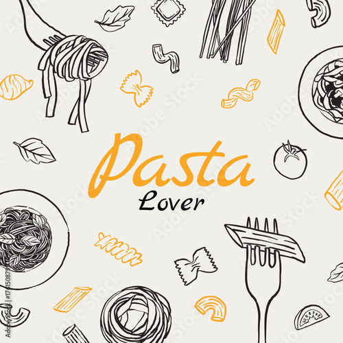 hand drawn pasta lover poster with assorted italian pasta types including penne spaghetti farfalle macaroni and fettuccine with minimalist food illustrations on light background
