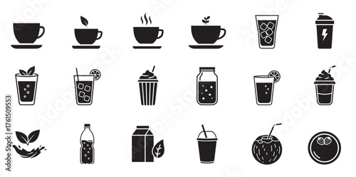 Beverage Icon Set. Vector glyphs for restaurant and cafe menus, coffee, tea, and smoothies.