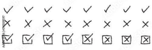 Check tick mark icon set. Cross box x check mark checkbox v list vector draw hand drawn sketch doodle brush marker checklist symbol wrong right circle. Vector Illustration