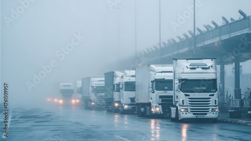 Trucks queue in heavy fog on a wet road near an elevated structure.