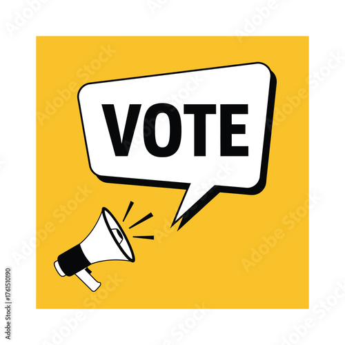 Bold megaphone amplifies the crucial message to vote on a vibrant yellow background