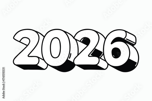 Vector art of stylized 3d numbers representing the year 2026 with a bold outline and shadow effect.