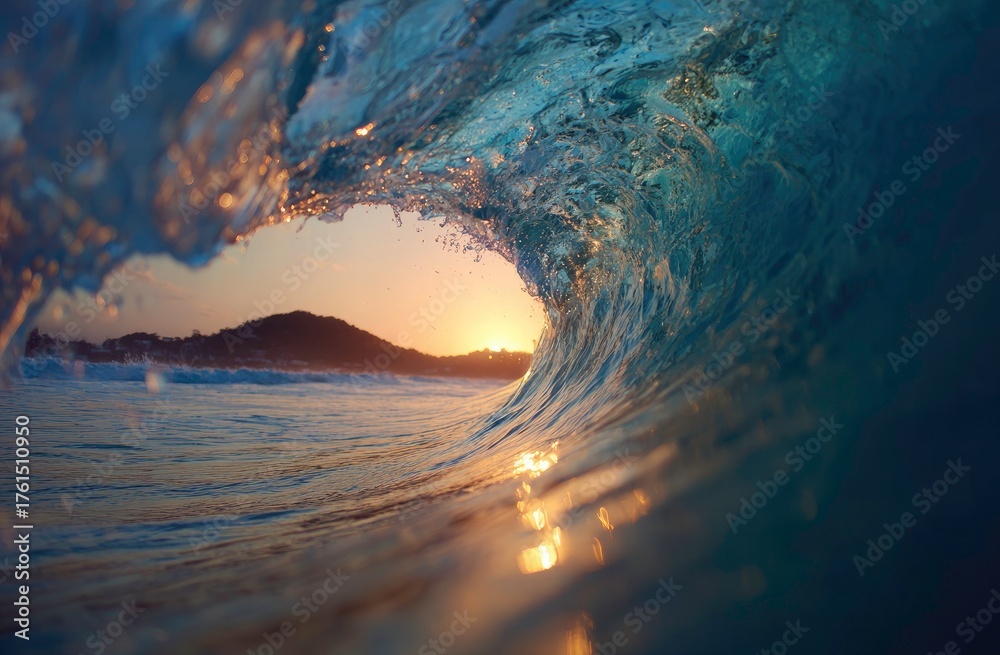 Naklejka premium Inside a powerful ocean wave at sunset with golden light and distant island