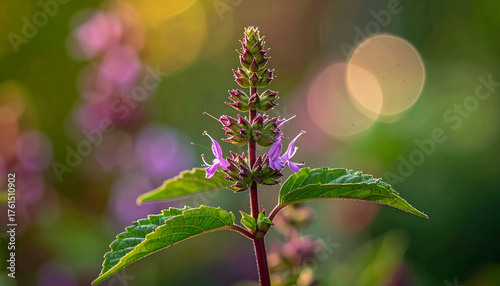 Macro capture of Thai basil flower and stem