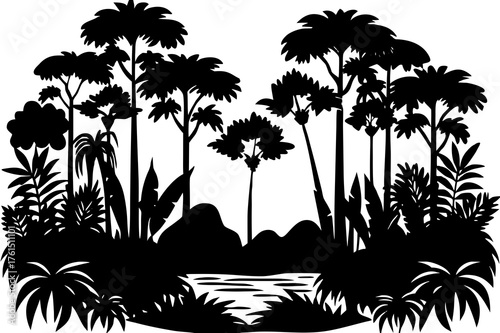 Lush jungle foliage and trees forming a silhouette isolated on white background