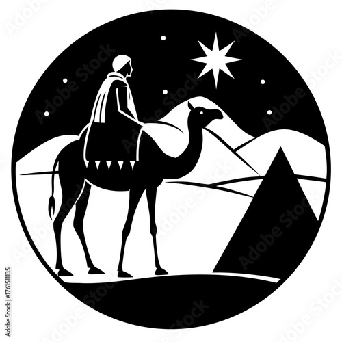 Man riding camel under starry desert sky with pyramids silhouette isolated on white background