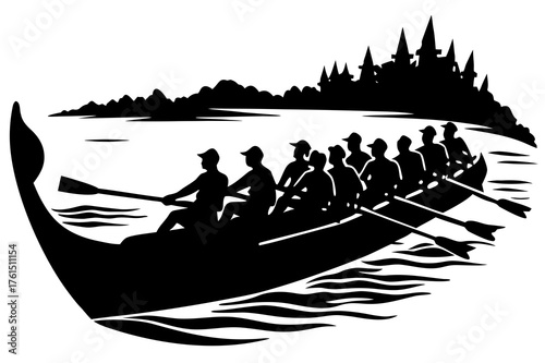Team rowing a long boat with oars against a castle silhouette isolated on white background silhouette