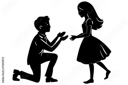 Man proposes to woman on one knee silhouette isolated on white background