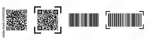 Flat QR and barcode vector design. Vector set of barcode and QR code symbols. Clean and modern code icons representing data, scanning, and digital identification.