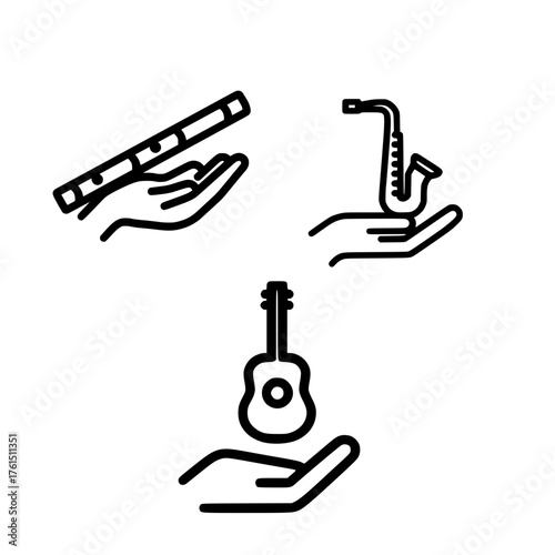 Vector set of musical instrument icons above open hand including guitar flute and saxophone