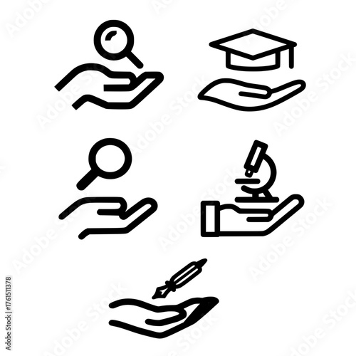 Open palm holding education icons such as graduation cap magnifying glass pen and microscope