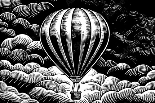 vector of a hot air balloon silhouette floating over a geometric cloud pattern