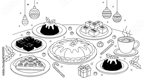 A table decorated with a variety of holiday desserts—Christmas pudding, fruit tarts, and chocolate brownies. This minimalist line art graphic is perfect for a festive menu, recipe, or greeting card.