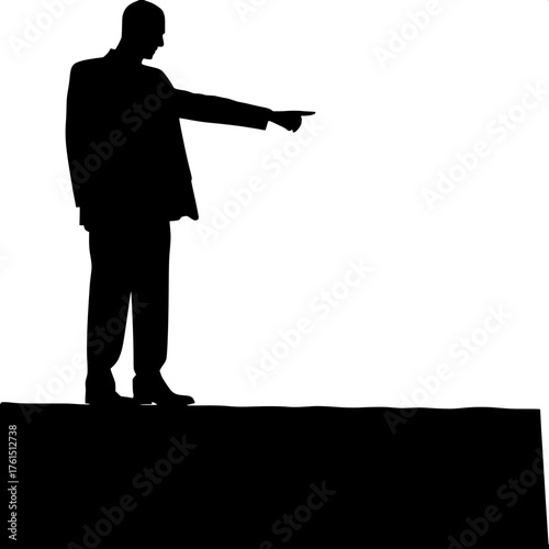 Business Concept Illustration

A black silhouette of a businessman pointing downwards with his index finger, symbolizing direction or guidance, set against a white background. The figure stands confid