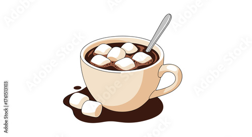 A warm mug of delicious hot chocolate topped with fluffy marshmallows and a metal spoon stirred in. A comforting beverage for a cold day.