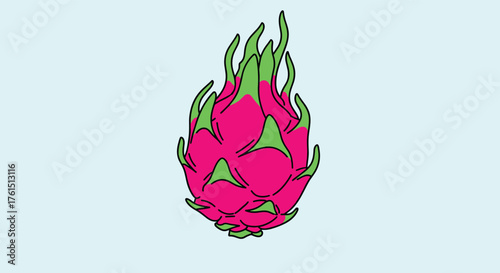 Vibrant pink dragon fruit with green scales on a light blue background.