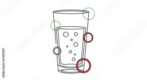 Glass of effervescent liquid with bubbles and colorful rings.