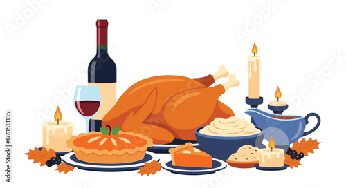 A delicious Thanksgiving dinner spread with roasted turkey pie and wine for holiday celebration.