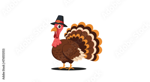 A festive turkey wearing a pilgrim hat celebrates the harvest season with its tail feathers fanned out proudly.