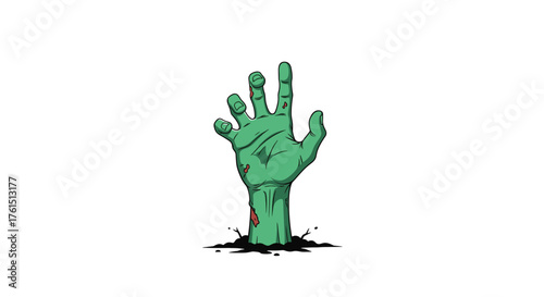 A graphic illustration of a green undead hand reaching out from the dirt with its fingers splayed open.