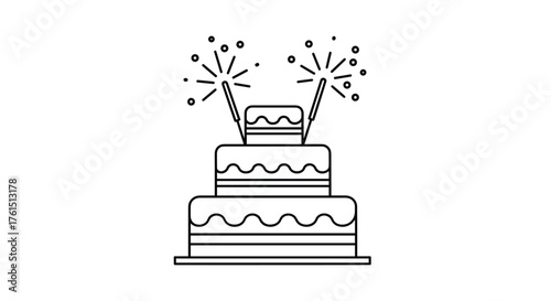 A beautiful tiered cake with festive sparklers on top celebrating a special occasion.