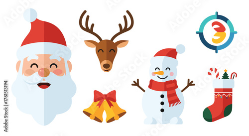 Cute christmas characters and symbols in flat design style.