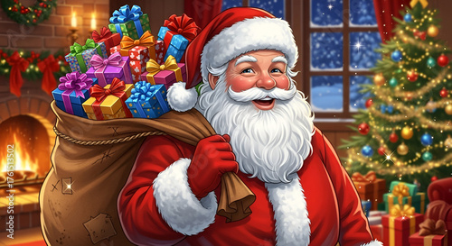 Cheerful Santa Claus with Gift Sack | Vibrant Christmas Illustration | Festive Holiday Art